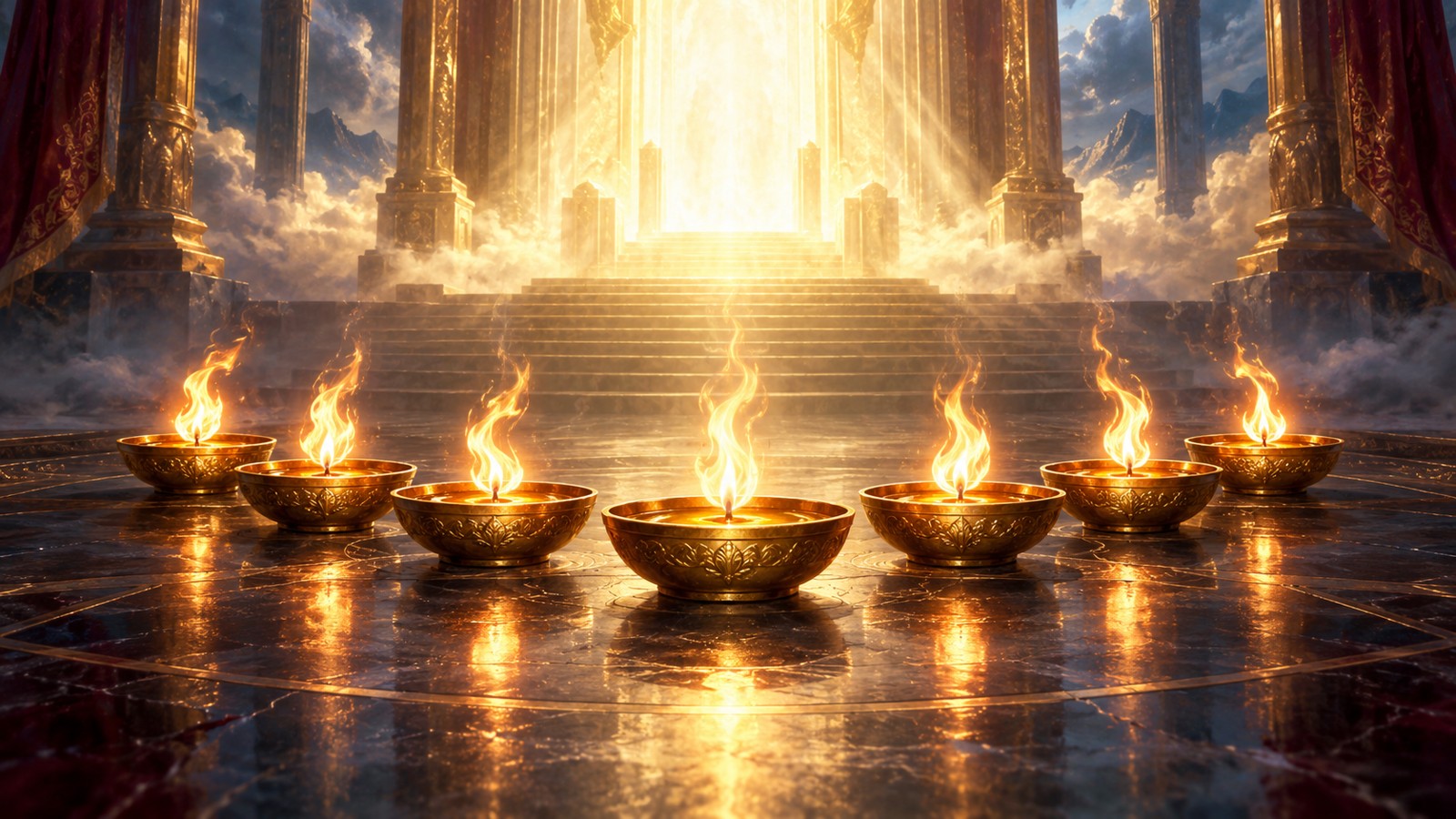 Seven golden bowls with living flames before the radiance of the heavenly throne, illustrating the seven lamps of fire in Revelation 4:5.