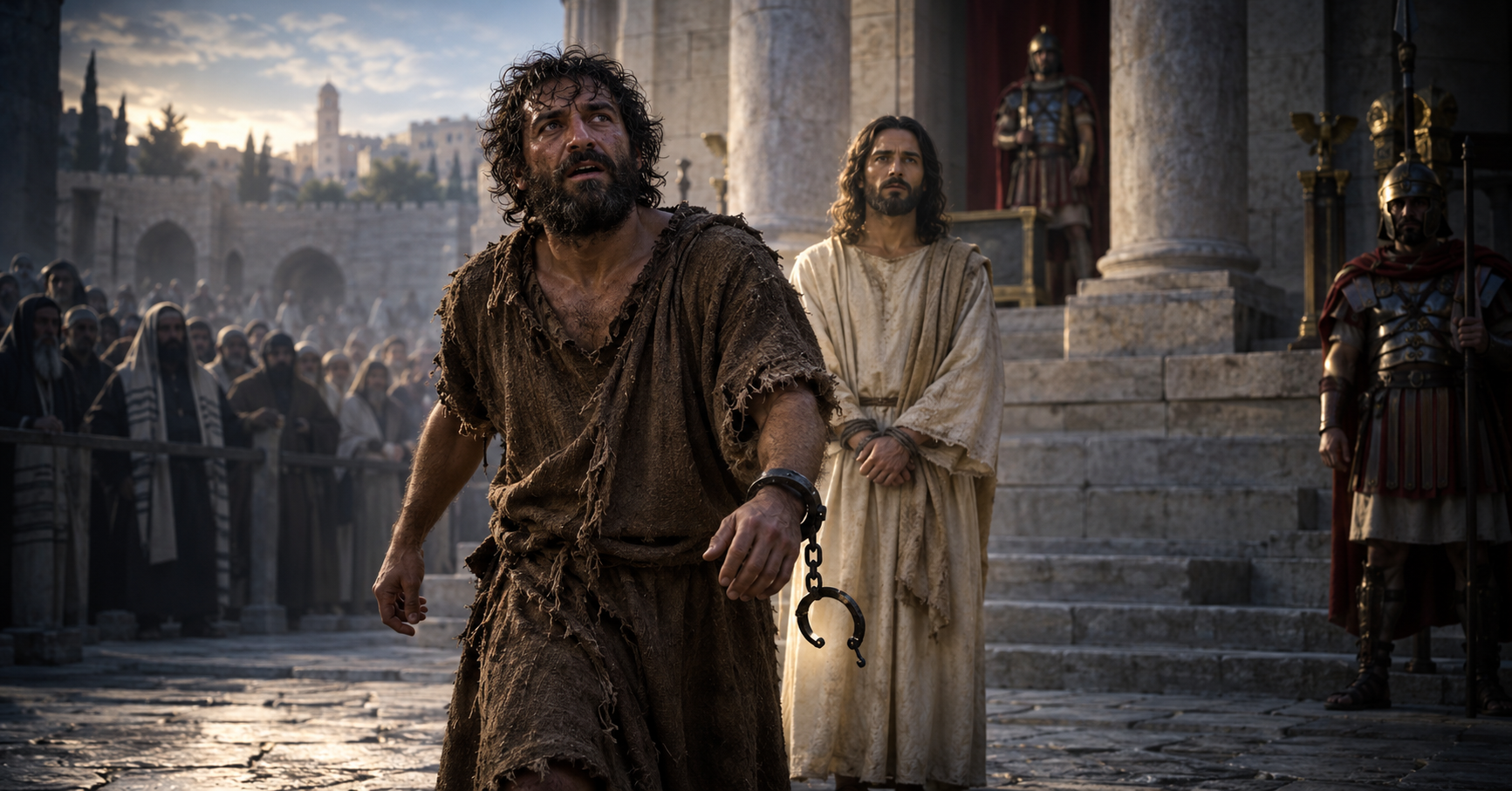 Barabbas steps away with an opened shackle while the bound and innocent Jesus remains before the Roman judgment seat.