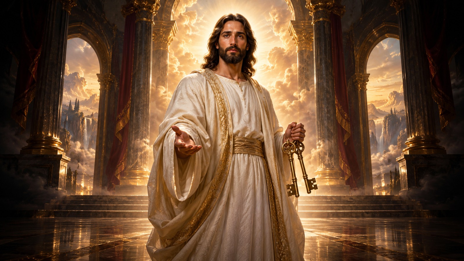 The risen Jesus in white and gold, holding two ancient keys in a radiant sanctuary, illustrating the Living One’s authority over Death and Hades.