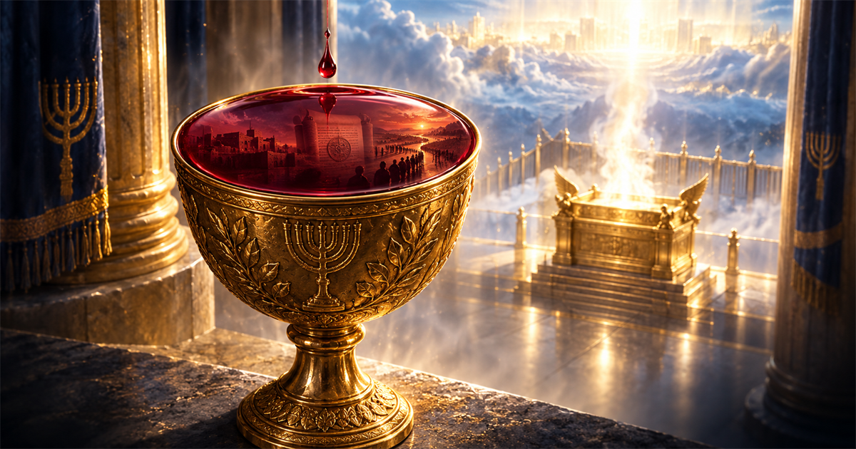 A golden cup filled to the brim beneath a final suspended drop, with a luminous sanctuary altar beyond it.