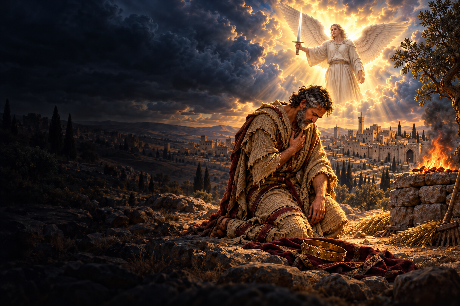 David arrodillado junto a un altar y un ángel sobre Jerusalén, en la portada de la edición en inglés.