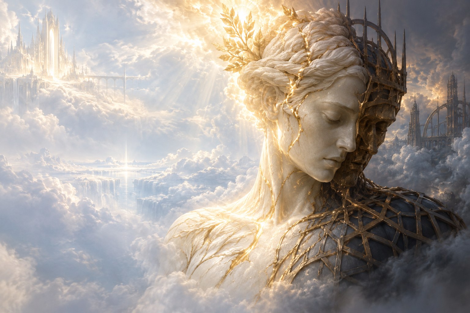 An alabaster human figure between living golden light and a bronze imperial structure