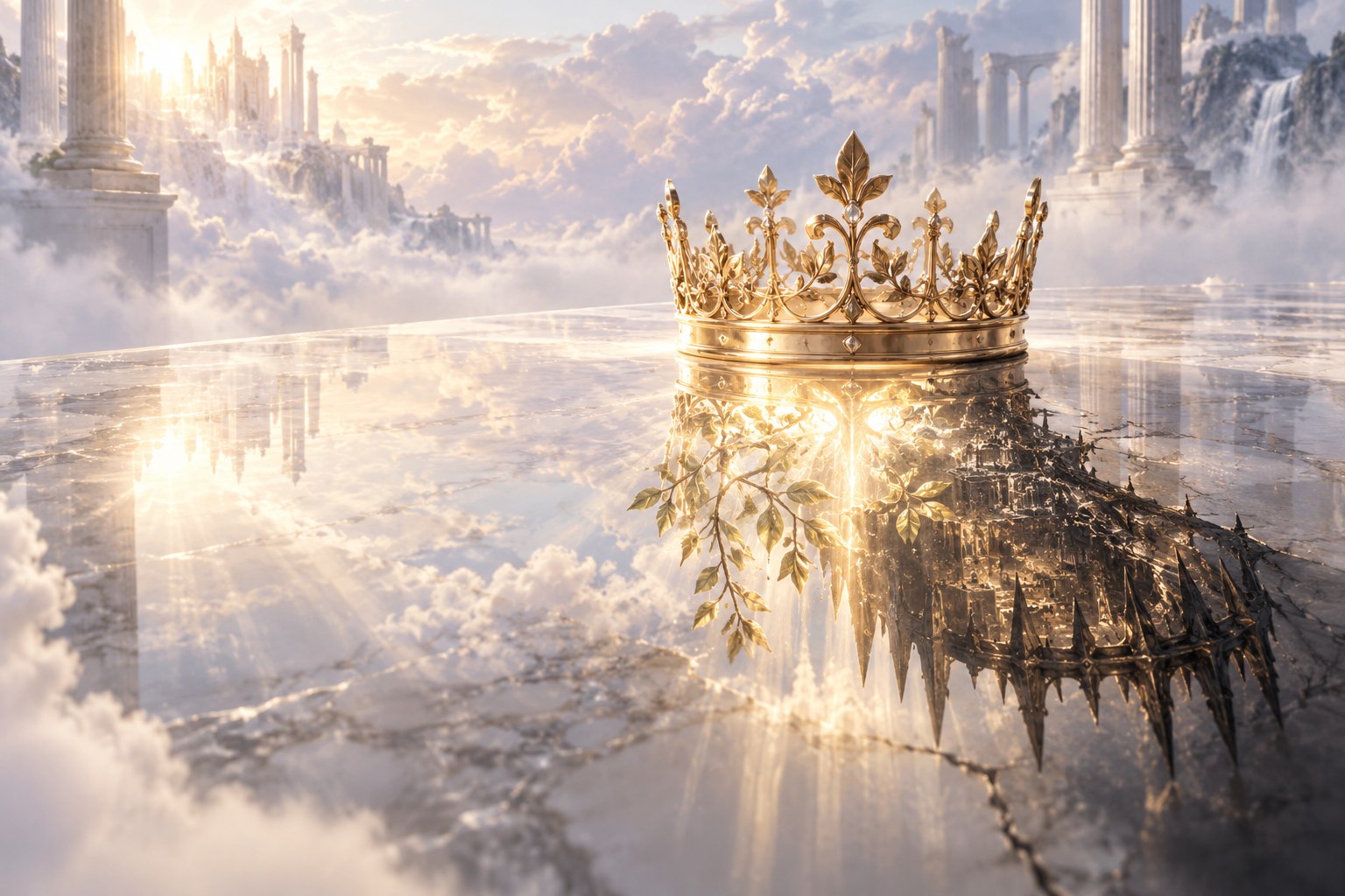 A golden crown reflected as two opposing kingdoms across a crystal surface