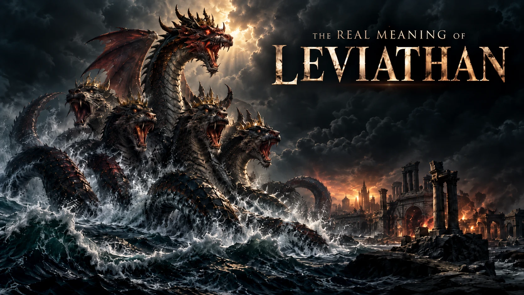 The Real Meaning of Leviathan: crowned dragons rising from stormy seas beside ancient ruins and the study title.