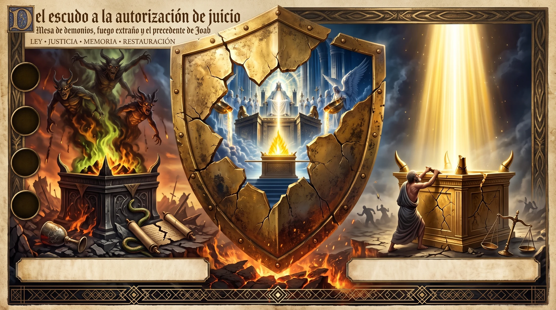 Un escudo dorado fracturado, el tribunal celestial y un altar: portada del estudio Terremotos y Copas Divinas.