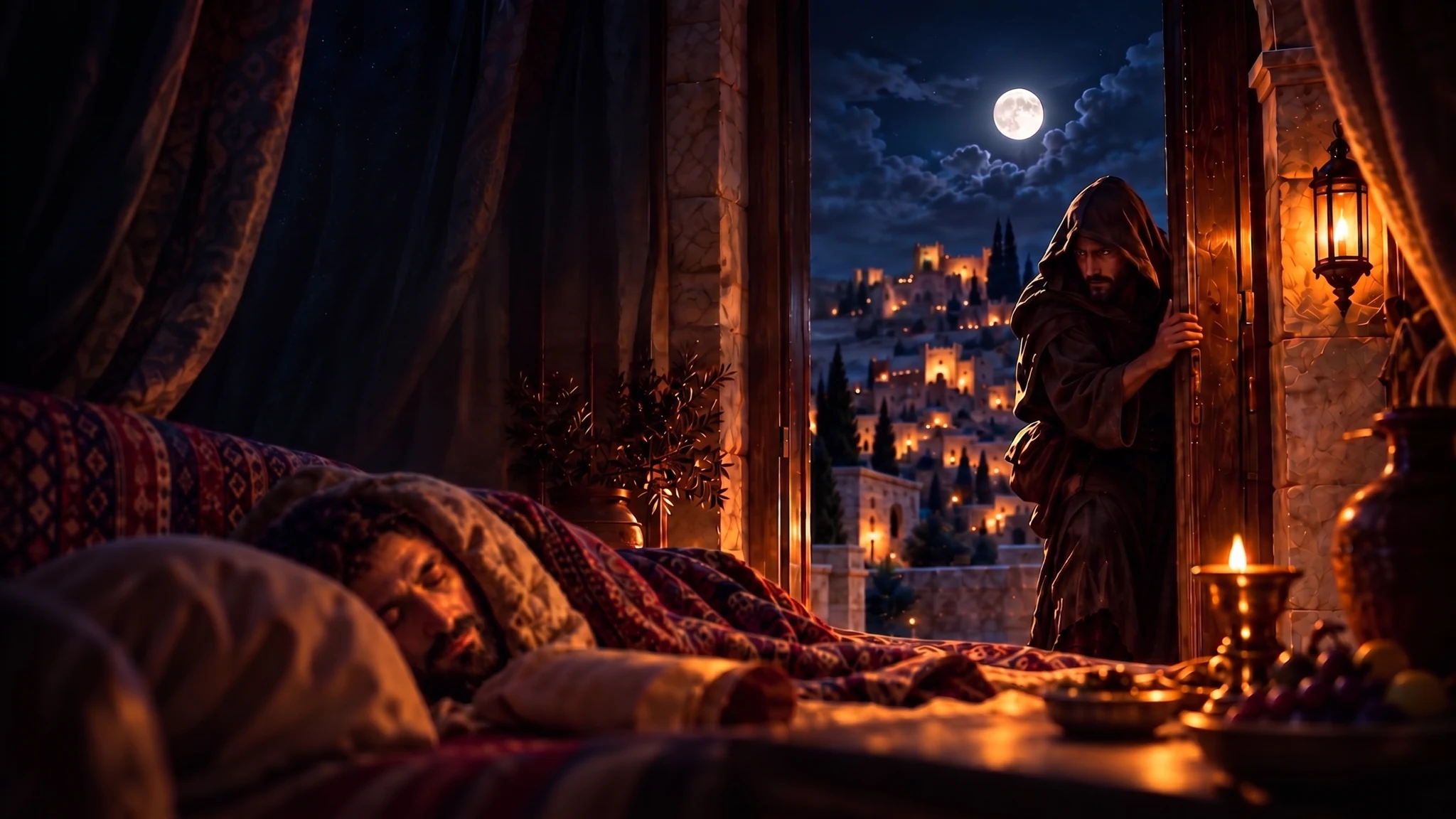 Una figura encapuchada en la puerta de una casa a la luz de la luna mientras un hombre duerme; La Parábola del Ladrón en la Noche.