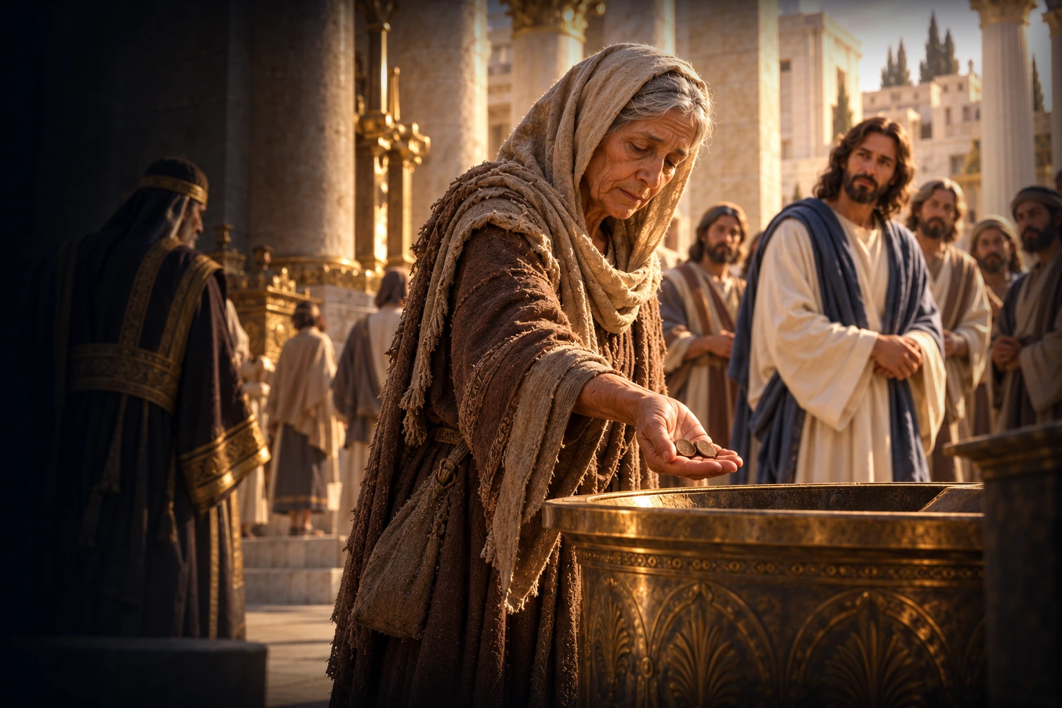A poor widow placing two coins into the Temple treasury while Jesus watches.