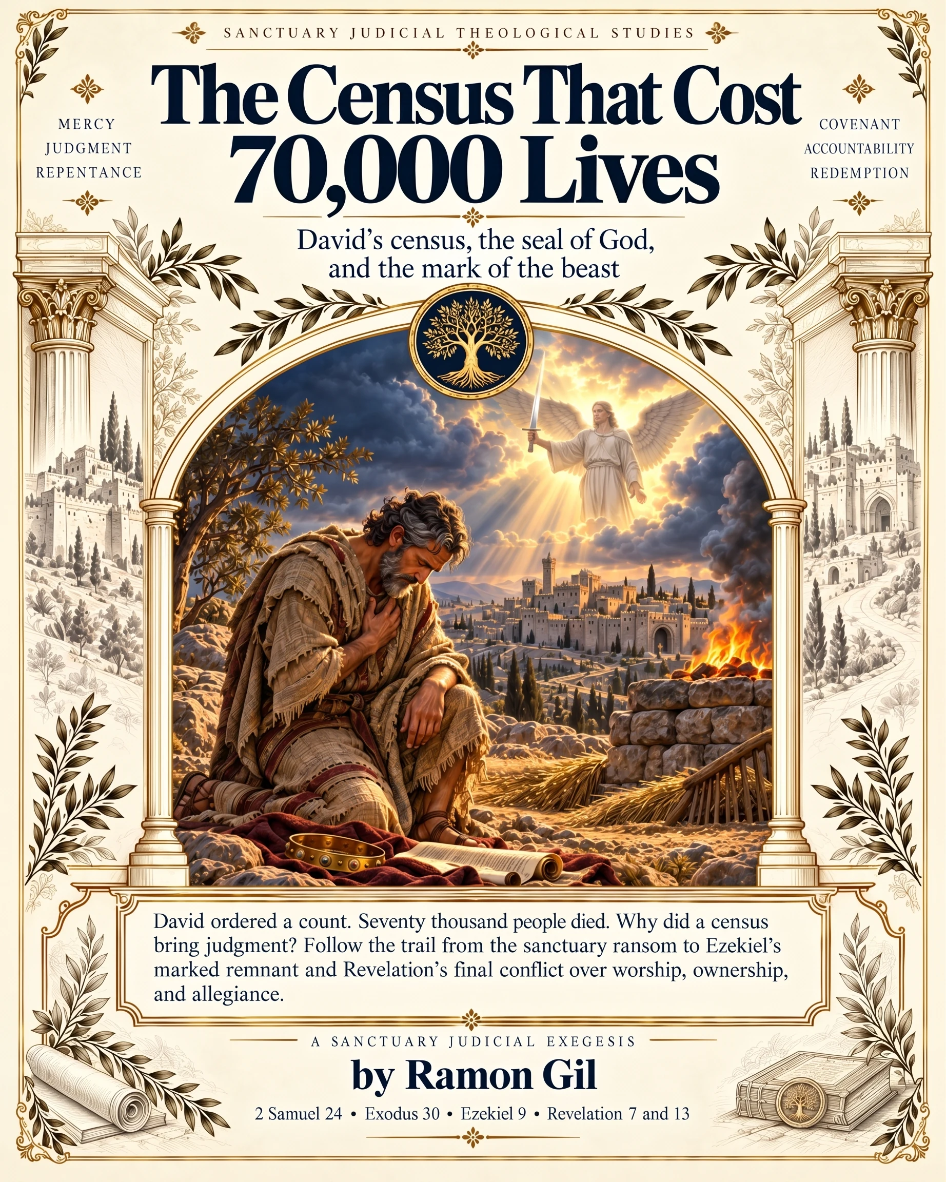 The Census That Cost 70,000 Lives: David kneels near an altar beneath an angel over Jerusalem.