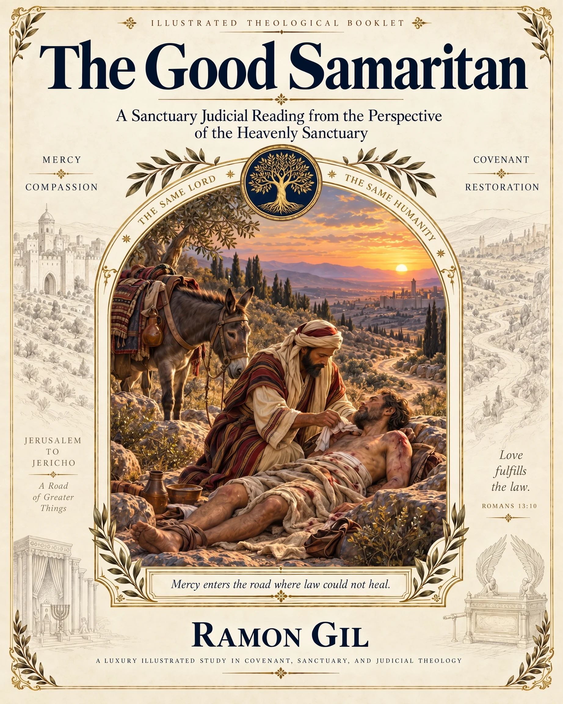 The Good Samaritan cover: a Samaritan tending a wounded traveler beside a donkey at sunset.