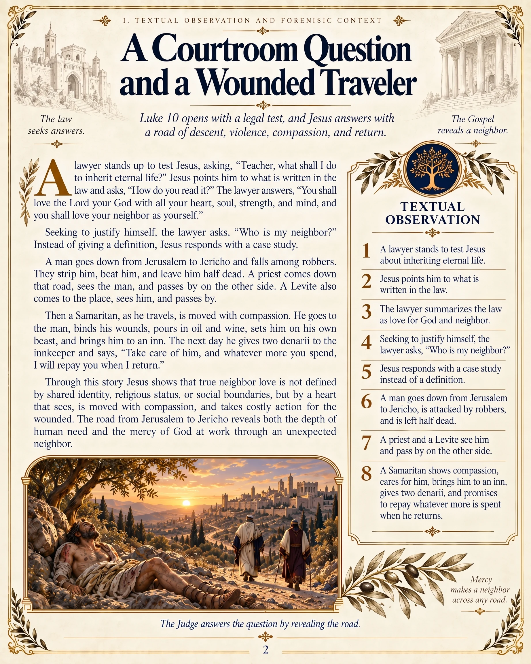 A Courtroom Question and a Wounded Traveler: an overview of Luke 10.