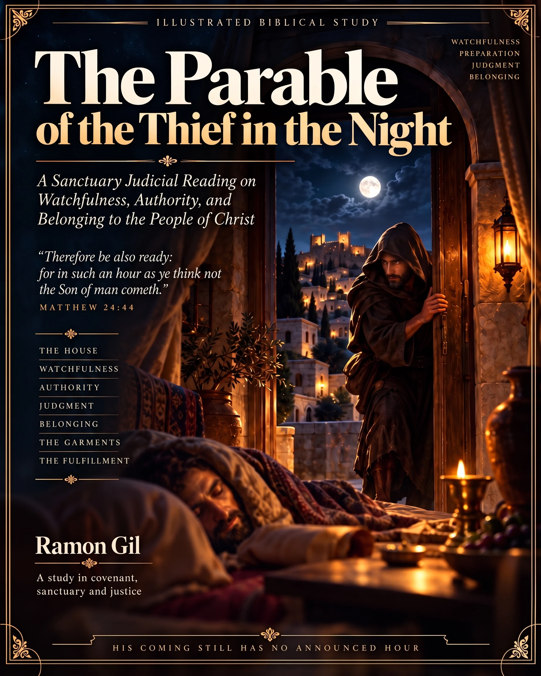 English cover of The Parable of the Thief in the Night, showing an unexpected arrival at a house.