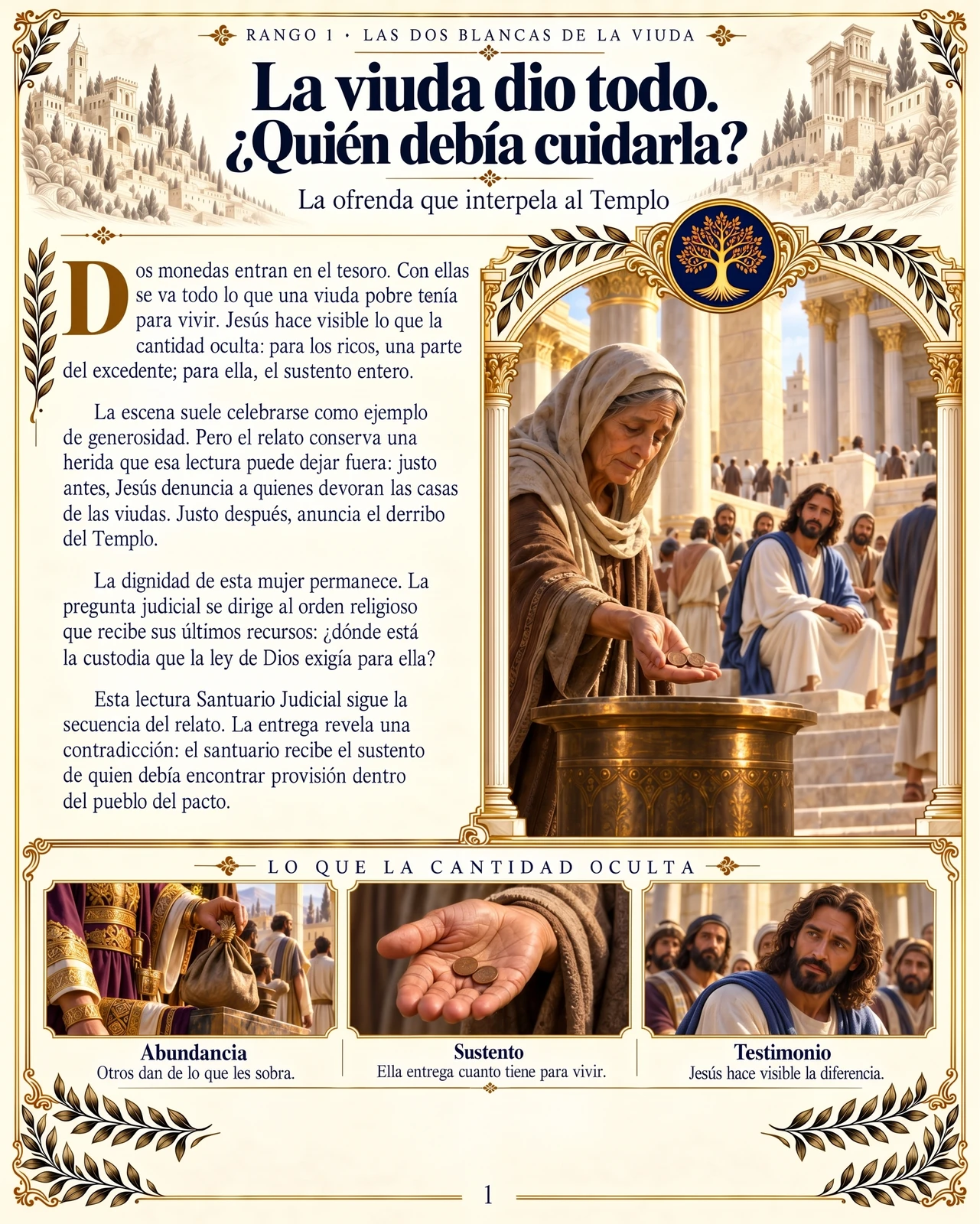 Las dos blancas de la viuda: la viuda entrega sus monedas mientras Jesús observa en el Templo.